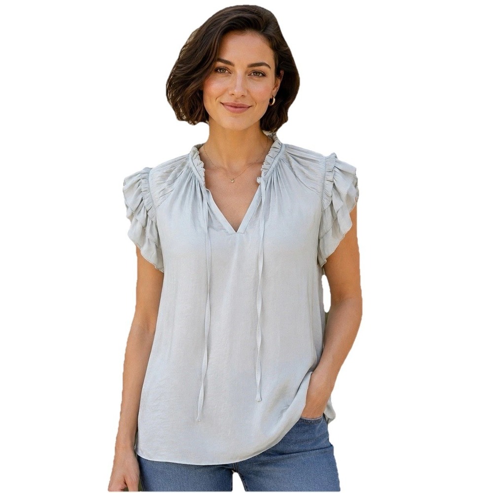 NWT Rachel Zoe Gray Light Blouse - Women's Medium - Ruffle Short Sleeve Tie Neck